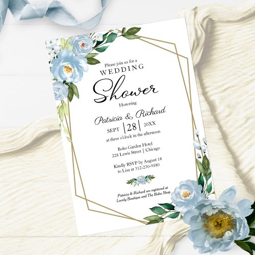 Couples Shower Geometric Dusty Blue Floral Invitation