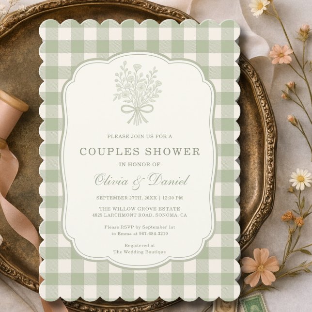 Couples Shower Gingham Sage Green Floral Bow  Invitation (Creator Uploaded)