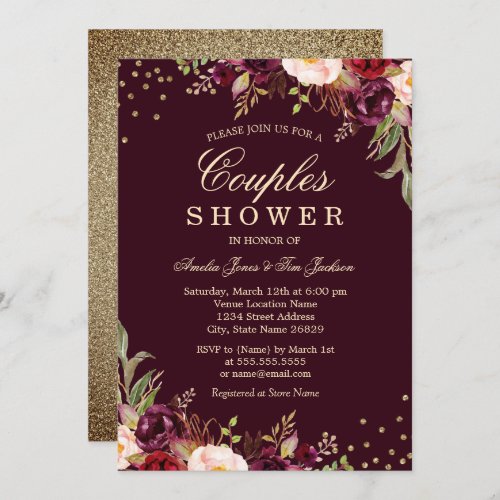 Couples Shower Gold Burgundy floral Sparkle Invitation