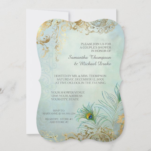 Couples Shower Gold Leaf Peacock Feathers Elegant Invitation (Front)