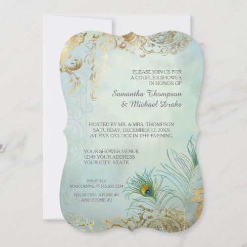 Couples Shower Gold Leaf Peacock Feathers Elegant Invitation