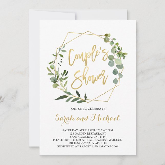 Couple's Shower greenery and gold baby shower Invitation (Front)