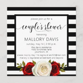 Couples Shower Invitation Black White Stripes Rose by autumnandpine at Zazzle