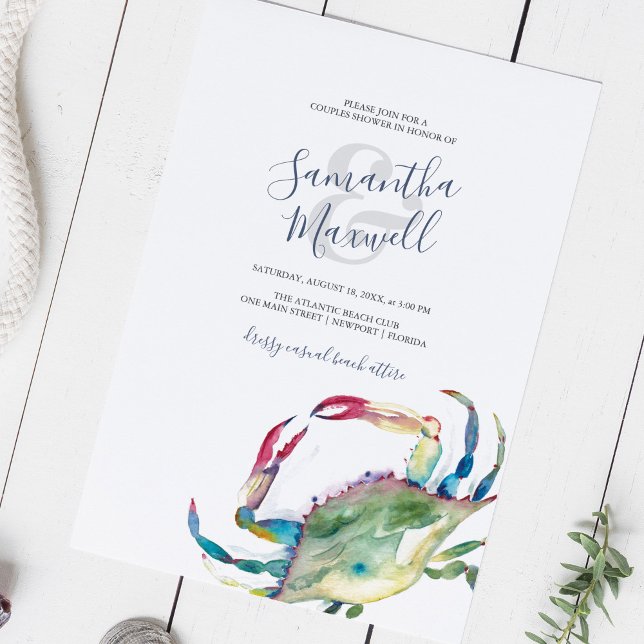 Couples Shower Invitations Watercolor Crab (Couples shower invitations blue and green watercolor crab printable or printed )