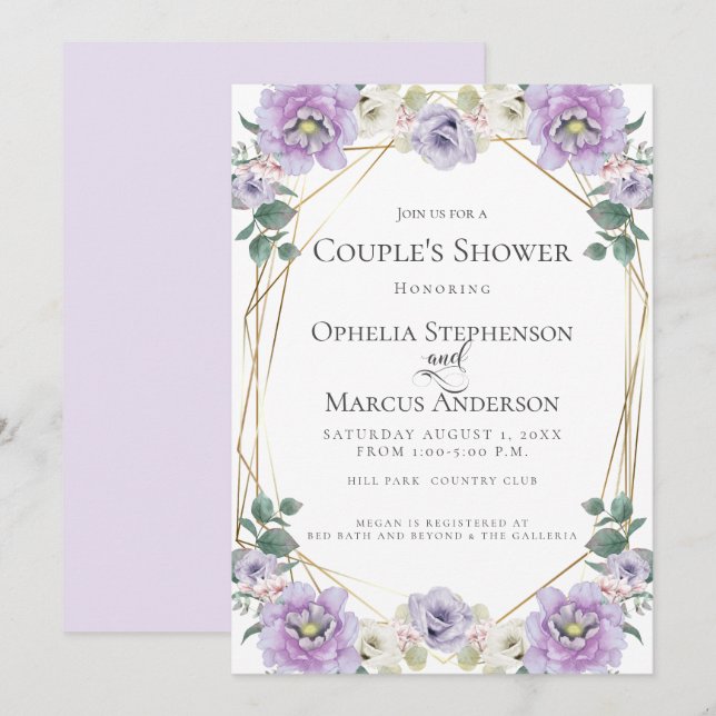 COUPLE'S SHOWER | Lavender Peony Flower Gold Frame Invitation (Front/Back)