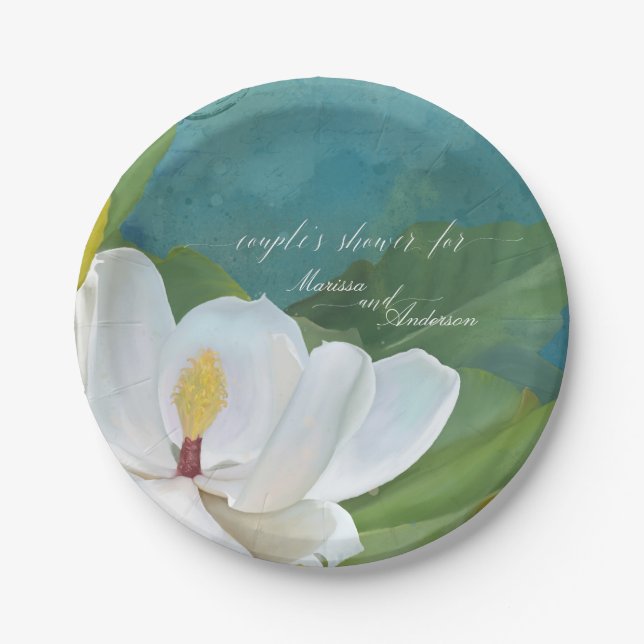 Couples Shower Magnolia Flower Blossom Modern Blue Paper Plates (Front)
