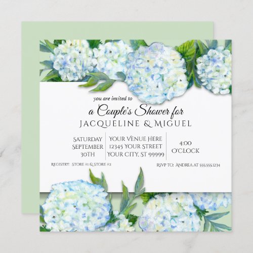 Couples Shower Mint Green n White Hydrangea Floral Invitation