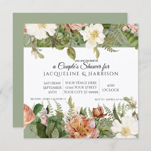 Couples Shower  Mint Sage Green Ivory Rose Floral Invitation
