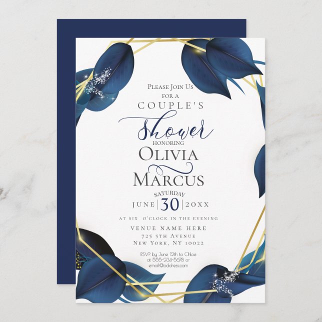 Couple's Shower | Modern Deep Indigo Blue and Gold Invitation (Front/Back)