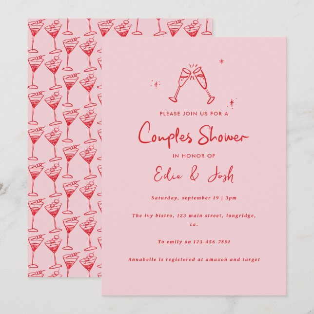Couples shower modern pink red elegant handwritten invitation (Front/Back)