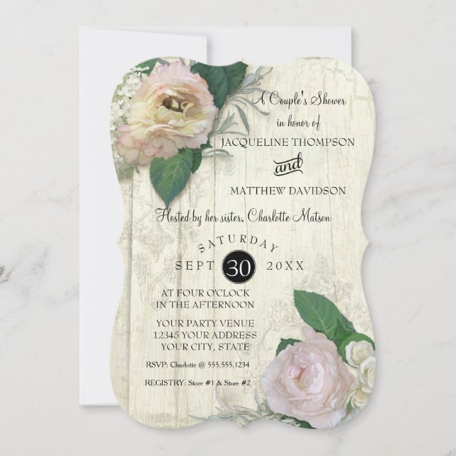 Couples Shower Modern Vintage Pretty Floral Wood Invitation (Front)
