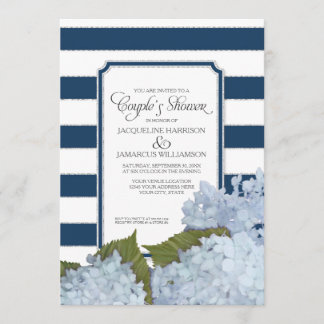 Couples Shower Navy Blue Hydrangea Script Art Deco Invitation