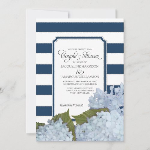 Couples Shower Navy Blue Hydrangea Script Art Deco Invitation