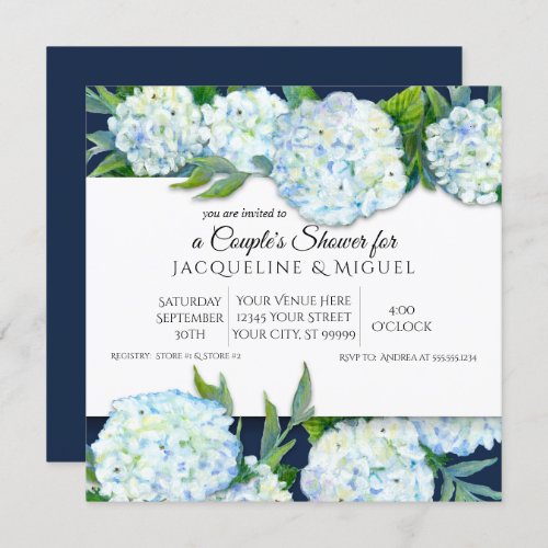 Couples Shower Navy Blue n White Hydrangea Floral Invitation