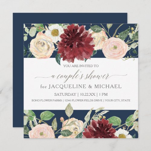 Couples Shower Navy Chrysanthemum Burgundy Rose Invitation