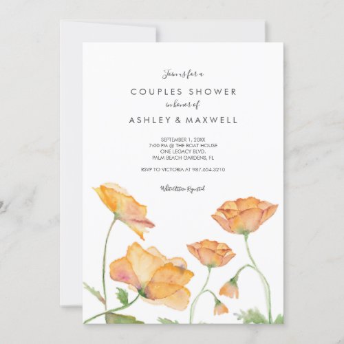 Couples Shower Orange Floral Watercolor Poppies Invitation