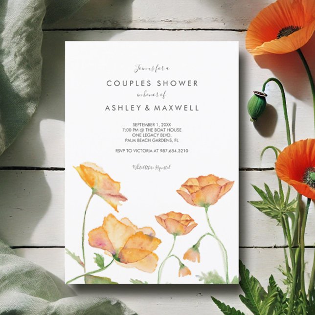 Couples Shower Orange Floral Watercolor Poppies Invitation (Couples shower invitations watercolor orange poppy flowers by Victoria Grigaliunas Do Tell A Belle)