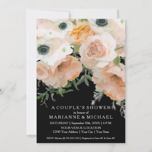 Couples Shower Pastel Petals Elegant Roses Black Invitation