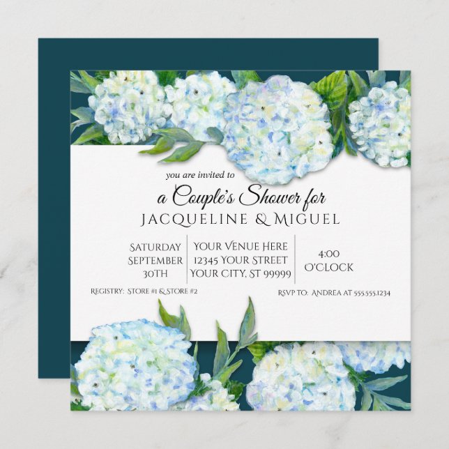 Couples Shower Peacock Blue White Hydrangea Floral Invitation (Front/Back)