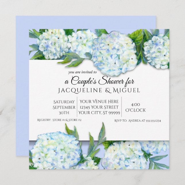 Couples Shower Periwinkle n White Hydrangea Floral Invitation (Front/Back)