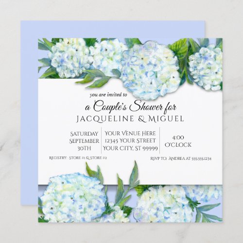 Couples Shower Periwinkle n White Hydrangea Floral Invitation