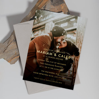 Couple's Shower Photo Engagement Party Gold Foil Invitation by beckynimoy at Zazzle