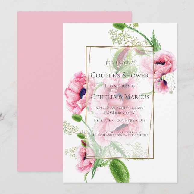 COUPLE'S SHOWER | Pink Poppy Bouquet Invitation (Front/Back)