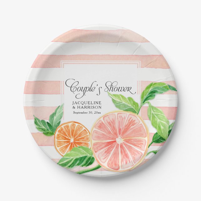 Couple's Shower Pink Striped Citrus Orange Art Paper Plates (Front)