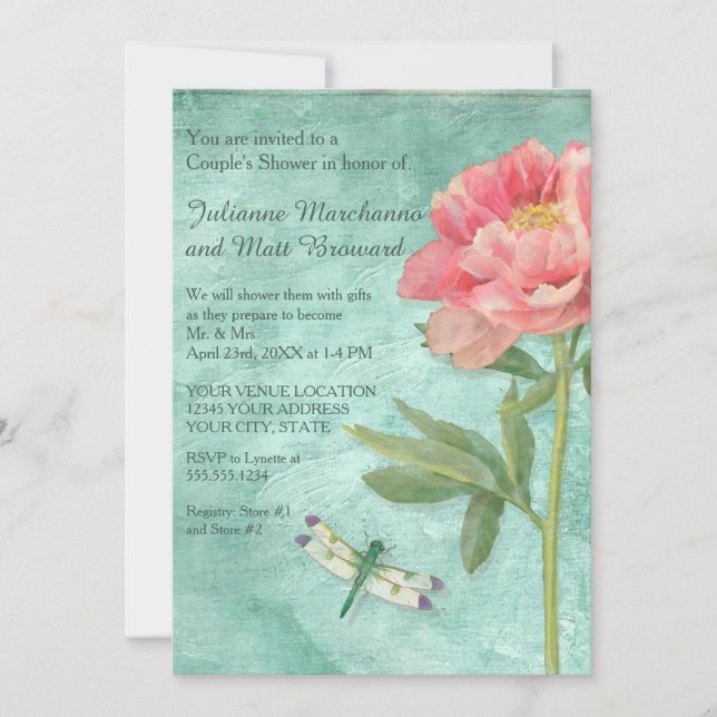 Couples Shower Pretty Peony Flowers n Dragonfly Invitation (Front)