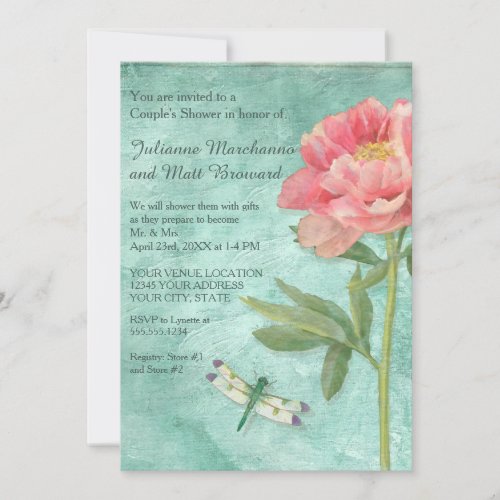 Couples Shower Pretty Peony Flowers n Dragonfly Invitation