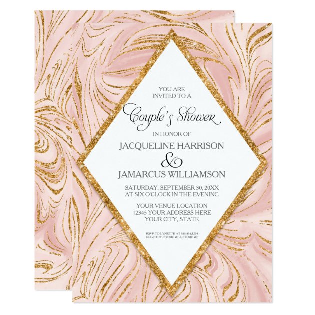 Couples Shower Rose Gold Faux Glitter Marble Blush Invitation