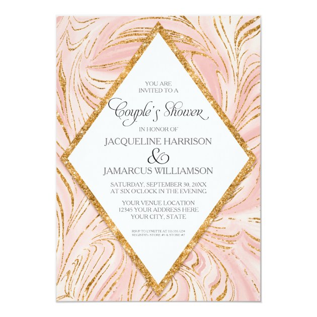 Couples Shower Rose Gold Faux Glitter Marble Blush Invitation