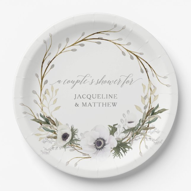 Couples Shower Rustic BOHO Wreath Anemone Wreath Paper Plates (Front)