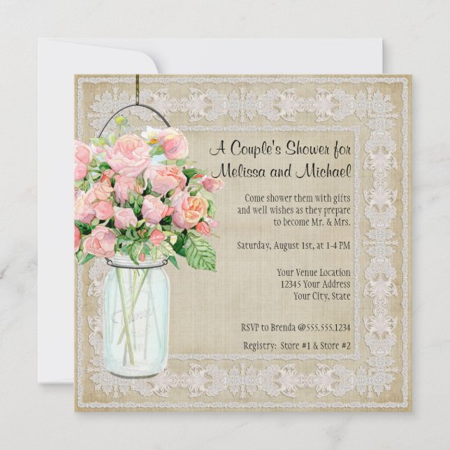 Couples Shower Rustic Country Mason Jar Roses Invitation (Front)
