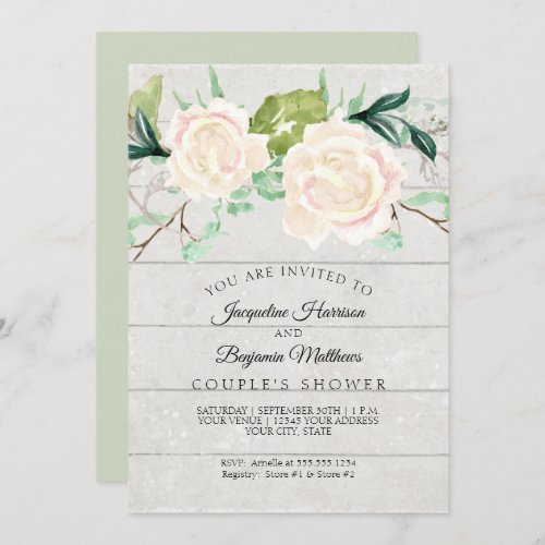 Couples Shower Rustic Wood Watercolor Ivory Roses Invitation