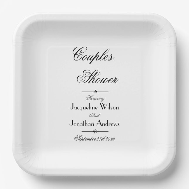 Couples Shower Simple Elegant Script Names Paper Plates (Front)