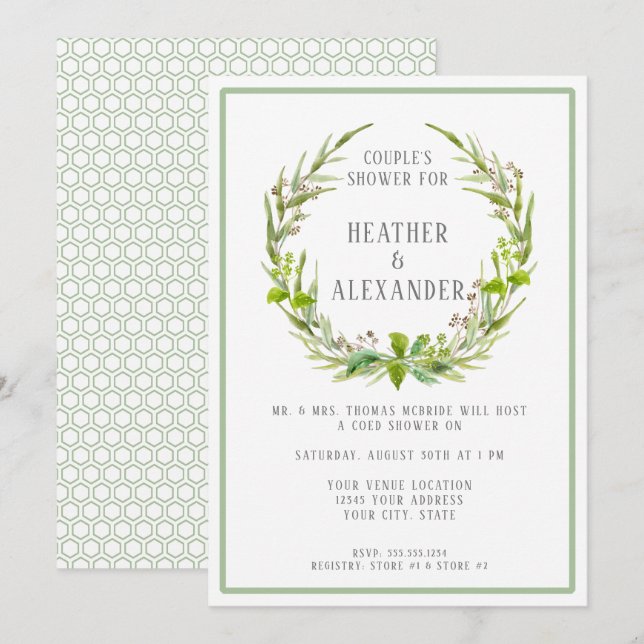 Couples Shower Simple Watercolor Leaf Foliage Art Invitation (Front/Back)