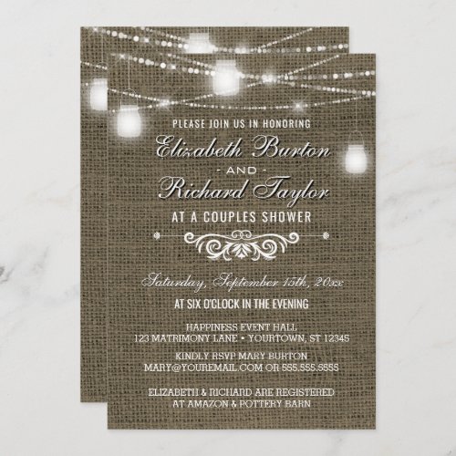 Couples Shower String Lights Rustic Country Burlap Invitation