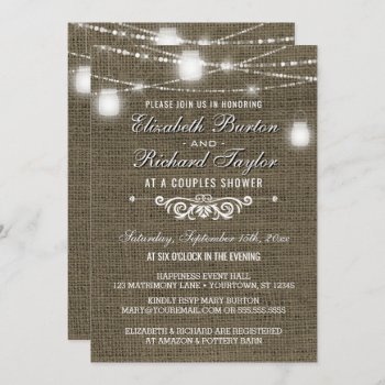 Couples Shower String Lights Rustic Country Burlap Invitation by angela65 at Zazzle