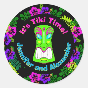 Couples Shower Tiki Time Classic Round Sticker by elizme1 at Zazzle