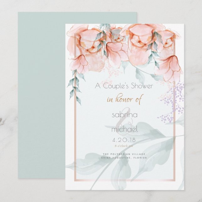 Couple's Shower | Trendy Coral Aquarelle Peonies Invitation (Front/Back)