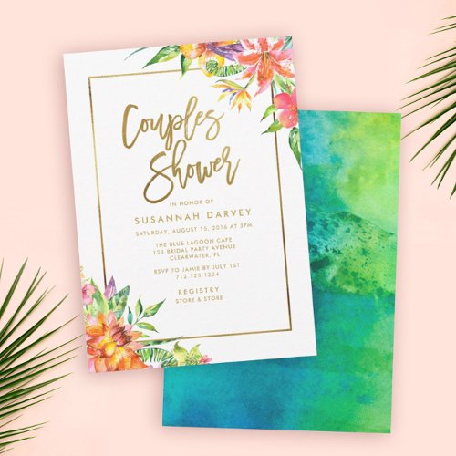 Couples Shower  Tropical Watercolor Gold Script Invitation