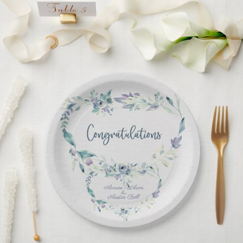 Couples Shower Watercolor Blue Flowers Frame Paper Plates