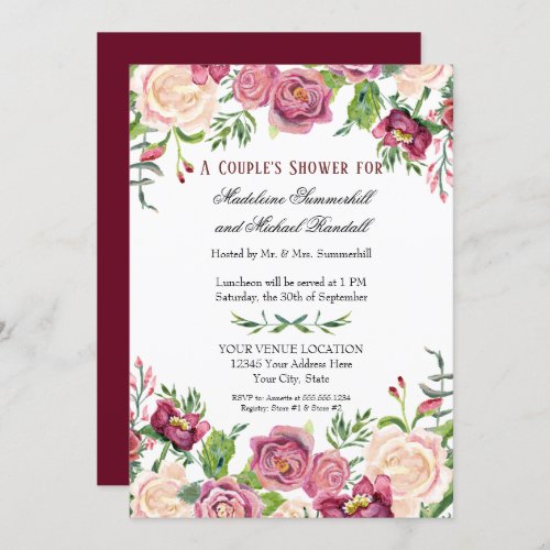 Couples Shower Watercolor Burgundy Floral Roses Invitation