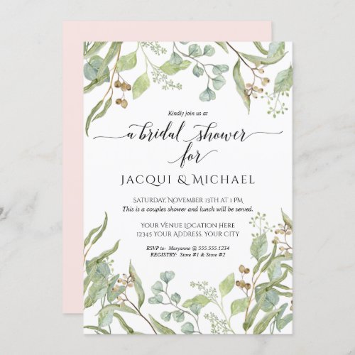 Couples Shower Watercolor Eucalyptus Greenery Pink Invitation