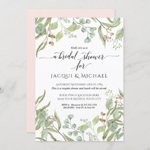 Couples Shower Watercolor Eucalyptus Greenery Pink Invitation