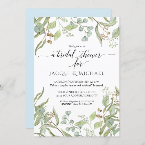 Couples Shower Watercolor Eucalyptus Leaf Foliage Invitation