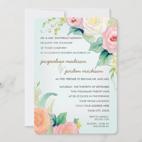 Couples Shower Watercolor Floral Roses Aqua Blue Invitation