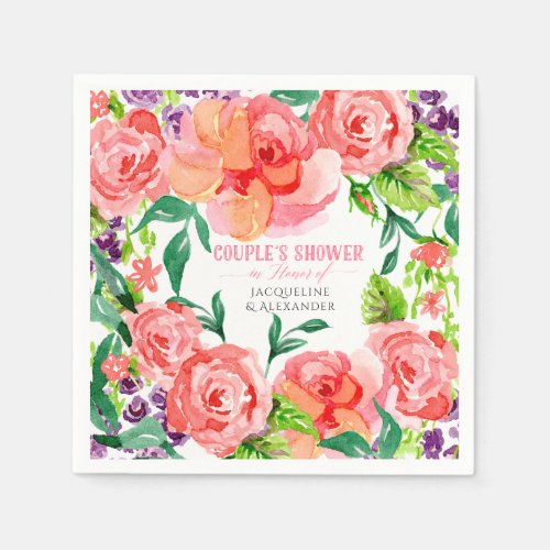 Couples Shower Watercolor Modern Pink Floral Roses Napkins