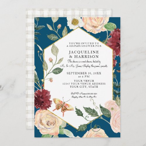 Couples Shower Watercolor Peacock Blue Rose Floral Invitation